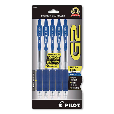 Pilot G2 Edge Premium Gel Pen, Retractable, Ultra Fine 0.38 mm, Blue Ink, Clear/Blue Barrel, 5/Pack (18203)
