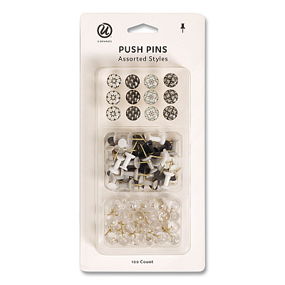 U Brands Moroccan Monochrome Push Pins, Assorted Colors, 100/Pack (2996U0624)