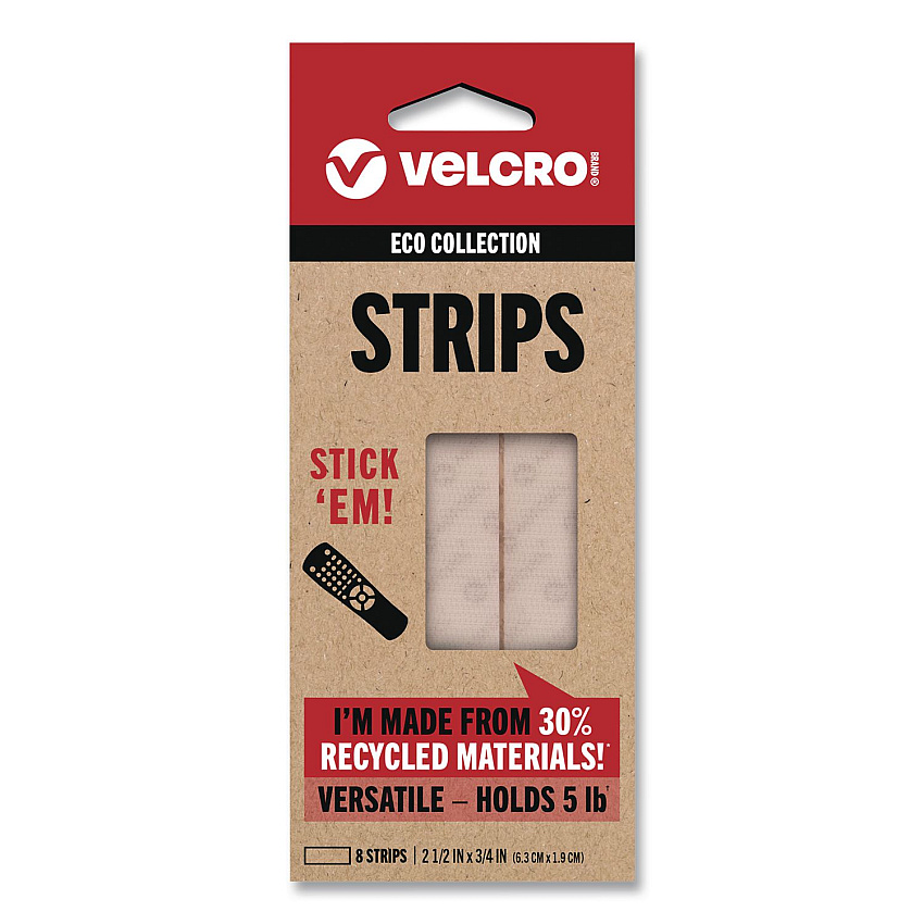 Velcro ECO Collection Hook-and-Loop Strips, 2.5" x 0.75", White, 8/Pack (VEL30191USA)