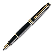 Waterman Expert Fountain Pen Gift Box, Medium Nib, Blue Ink, Black Barrel with 23K Gold Accents (S0951660)