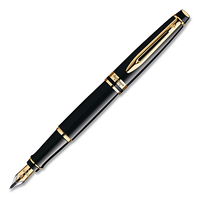 Waterman Expert Fountain Pen Gift Box, Medium Nib, Blue Ink, Black Barrel with 23K Gold Accents (S0951660)