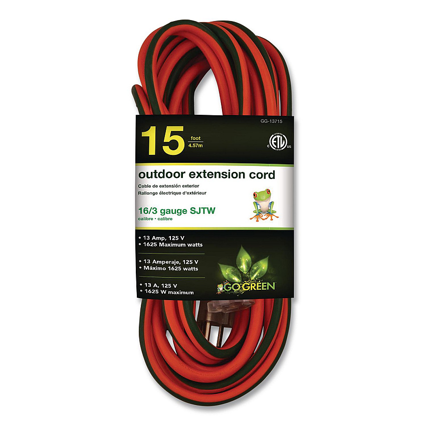 GoGreen Power 16 AWG Extension Cord Lighted End, 15 ft, 13 A, Orange (GG13715)