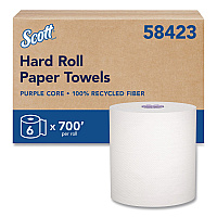 Scott 100% Recycled Hard Roll Paper Towels, 1-Ply, 8" x 700 ft, White, 6/Carton (58423CT)