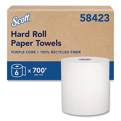 Scott 100% Recycled Hard Roll Paper Towels, 1-Ply, 8" x 700 ft, White, 6/Carton (58423CT)
