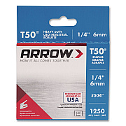 T50 Heavy Duty Staples, 0.25" Leg, 0.38" Crown, Silver, 1,250/Box (504BX)