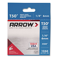 T50 Heavy Duty Staples, 0.25" Leg, 0.38" Crown, Silver, 1,250/Box (504BX)