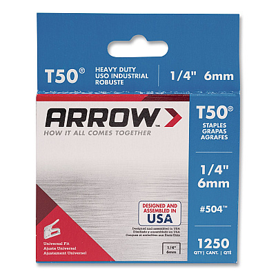T50 Heavy Duty Staples, 0.25" Leg, 0.38" Crown, Silver, 1,250/Box (504BX)