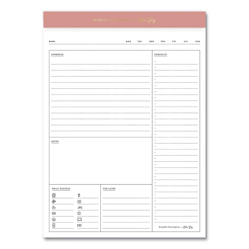 Blue Sky Bespoke Letterpress Daily Desk Notes Planner Pad, 7 x 9, Camellia Pink Headband, Undated (155580)