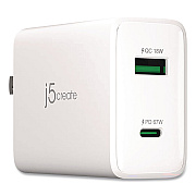 j5create 67 W GaN USB-C/USB-A Two-Port Charger, White (JUP2367)