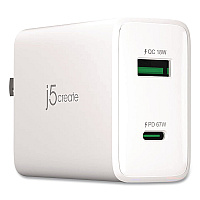 j5create 67 W GaN USB-C/USB-A Two-Port Charger, White (JUP2367)
