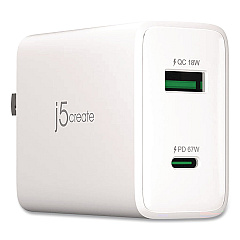 j5create 67 W GaN USB-C/USB-A Two-Port Charger, White (JUP2367)