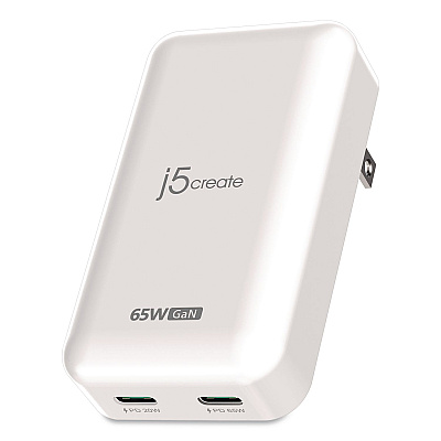 j5create 65 W USB-C Two-Port GaN PD Charger, White (JUP2465)