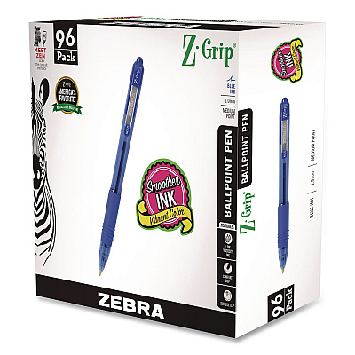 Zebra Z-Grip Ballpoint Pen, Retractable, Medium 1 mm, Blue Ink, Transparent Blue Barrel, 96/Pack (22296)