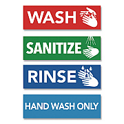 COSCO Wash, Rinse, Sanitize, Hand Wash Only Decals, 2.75 x 9", Assorted Colors, 4/Pack (098560)