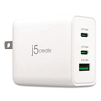 j5create 65 W GaN USB-A/USB-C Three-Port Charger, White (JUP3365)