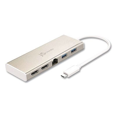 j5create Mini Dual Monitor Docking Station, USB-C/HDMI/Gigabit LAN, White/Gold (JCD381)