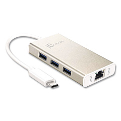 j5create USB-C to Ethernet Adapter, RJ45/USB-A/USB-C, 5.71", Gold/White (JCH471US)