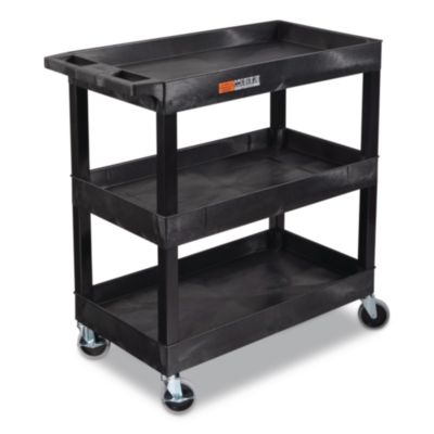 Luxor Tuffy XL Three-Shelf Utility Cart with Tub Shelves, Plastic, 300 lb Capacity, 35" x 18" x 36", Black (EC111B)