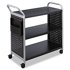 Safco Scoot Three Shelf Utility Cart, Metal, 3 Shelves, 1 Bin, 300 lb Capacity, 31" x 18" x 38", Black/Silver (SAF5339BL)