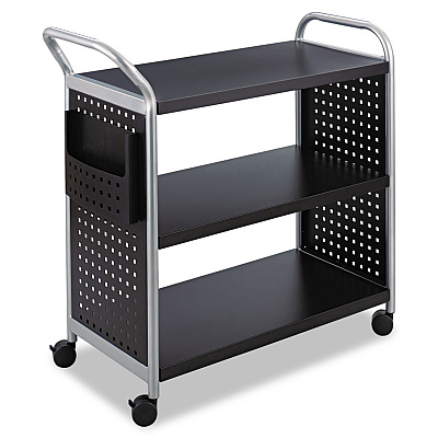 Safco Scoot Three Shelf Utility Cart, Metal, 3 Shelves, 1 Bin, 300 lb Capacity, 31" x 18" x 38", Black/Silver (SAF5339BL)