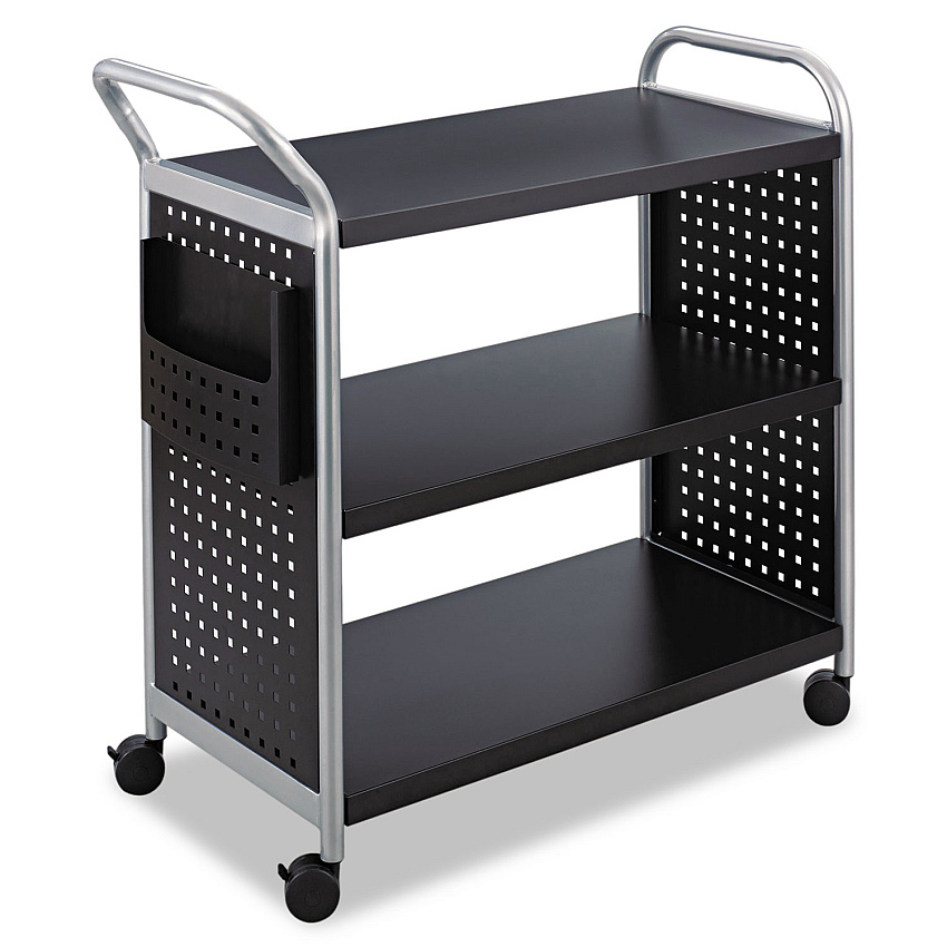 Safco Scoot Three Shelf Utility Cart, Metal, 3 Shelves, 1 Bin, 300 lb Capacity, 31" x 18" x 38", Black/Silver (SAF5339BL)