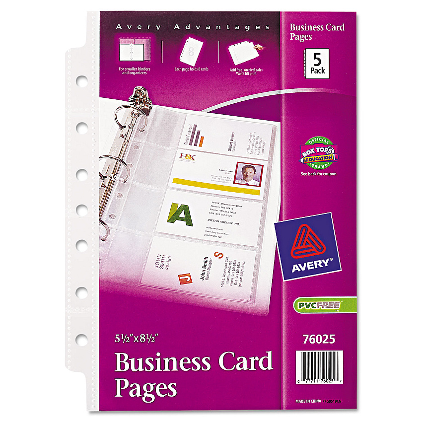 Avery Business Card Binder Pages, For 2 x 3.5 Cards, Clear, 8 Cards/Sheet, 5 Pages/Pack (AVE76025)