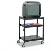 Safco Adjustable-Height Steel AV Cart, Metal, 3 Shelves, (5) AC Outlets, 120 lb Capacity, 27.25" x 18.25" x 36.5", Black (8932BL)