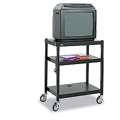 Safco Adjustable-Height Steel AV Cart, Metal, 3 Shelves, (5) AC Outlets, 120 lb Capacity, 27.25" x 18.25" x 36.5", Black (SAF8932BL)