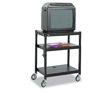 Safco Adjustable-Height Steel AV Cart, Metal, 3 Shelves, (5) AC Outlets, 120 lb Capacity, 27.25" x 18.25" x 36.5", Black (SAF8932BL)