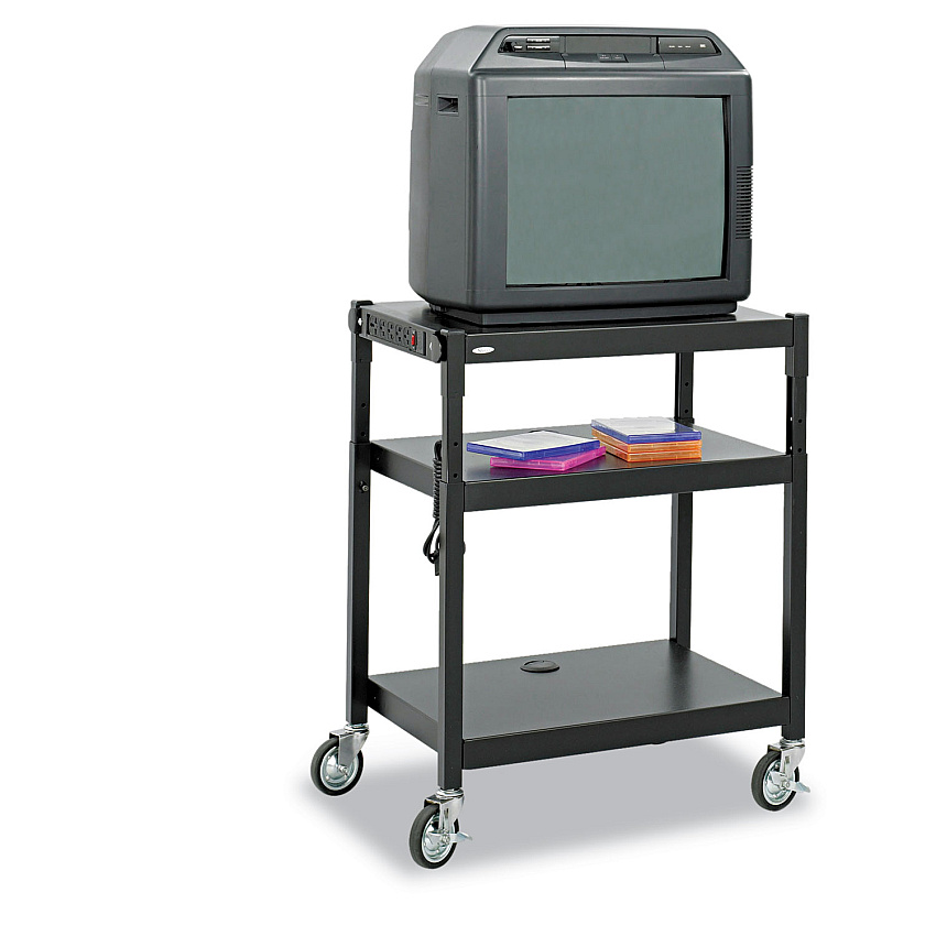 Safco Adjustable-Height Steel AV Cart, Metal, 3 Shelves, (5) AC Outlets, 120 lb Capacity, 27.25" x 18.25" x 36.5", Black (SAF8932BL)
