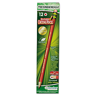 Ticonderoga Erasable Colored Pencils, 2.6 mm, 2B, Carmine Red Lead, Carmine Red Barrel, Dozen (DIX14259)
