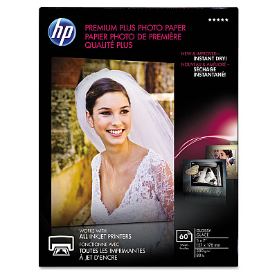 HP Premium Plus Photo Paper, 11.5 mil, 5 x 7, Glossy White, 60/Pack (HEWCR669A)