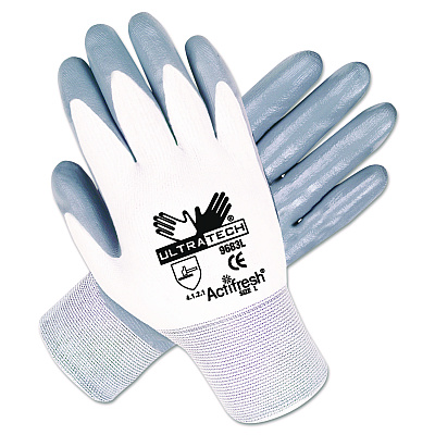 MCR Safety Ultra Tech Nitrile-Coated Gloves, EN388: 4121, Medium, White/Gray, 12 Pairs (9683M)