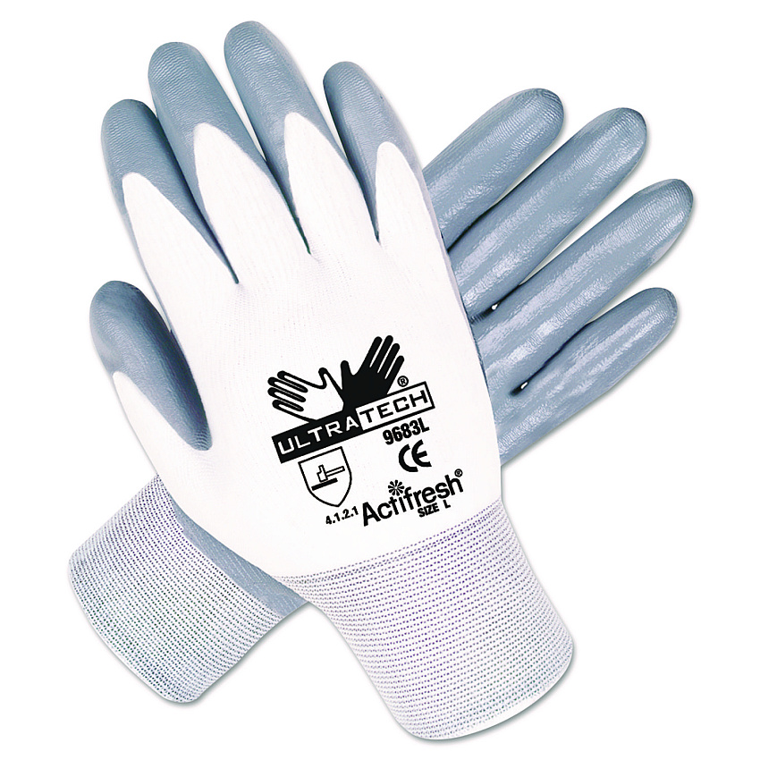 MCR Safety Ultra Tech Nitrile-Coated Gloves, EN388: 4121, Medium, White/Gray, 12 Pairs (9683M)