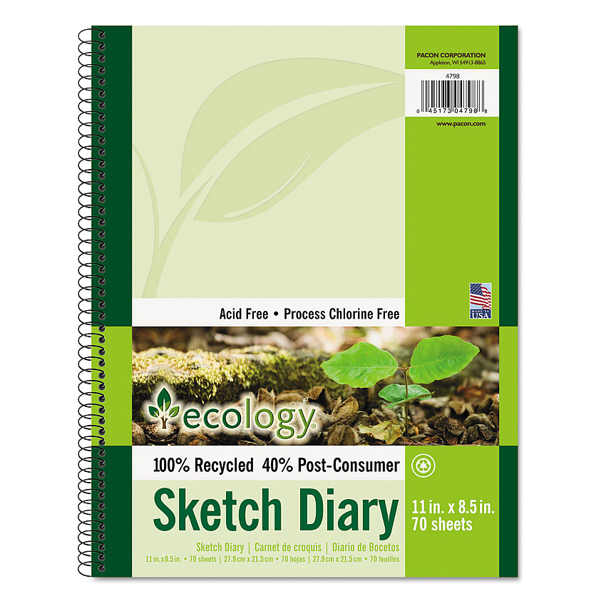 Pacon Ecology Sketch Diary, 60 lb Text Paper Stock, Green Cover, (70) 11 x 8.5 Sheets (PAC4798)