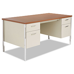 Alera Double Pedestal Steel Desk, 60" x 30" x 29.5", Cherry/Putty, Chrome-Plated Legs (ALESD6030PC)