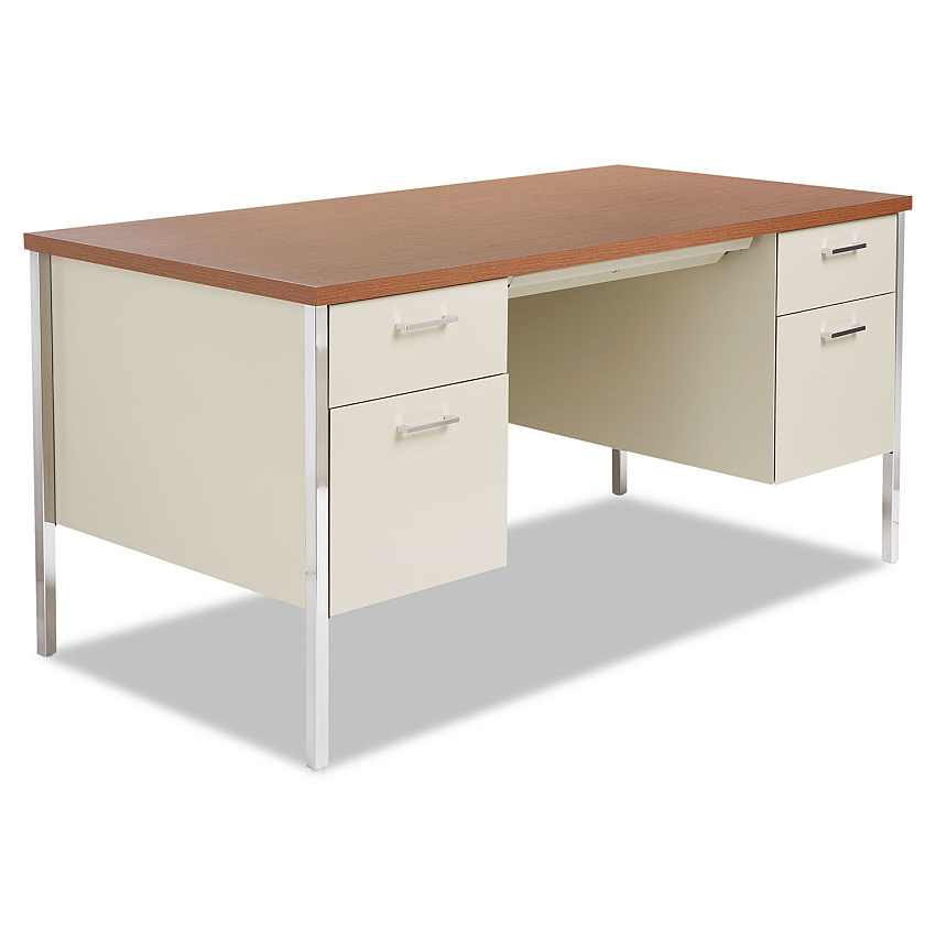 Alera Double Pedestal Steel Desk, 60" x 30" x 29.5", Cherry/Putty, Chrome-Plated Legs (ALESD6030PC)