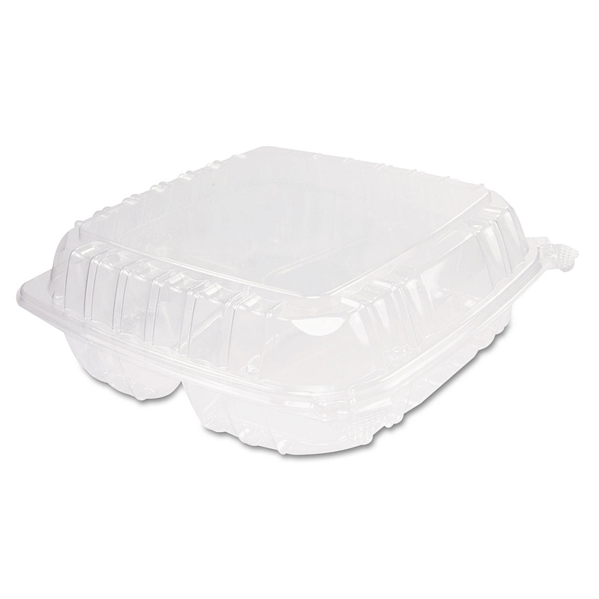 Dart ClearSeal Hinged-Lid Plastic Containers, 3-Compartment, 9.4 x 8.9 x 3, Plastic, 100/Bag, 2 Bags/Carton (DCCC95PST3)