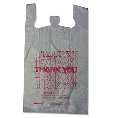 Barnes Paper Thank You High-Density Shopping Bags, Have a Nice Day Labeling, Cut-Out Handles, 18" x 8" x 30", White/Red, 500/Carton (BPC18830THYOU)