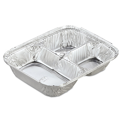 HFA Aluminum Oblong Container with Lid, 3-Compartment, 24 oz, 8.5 x 6.38 x 1.47, Silver, 250/Carton (HFA204535250W)