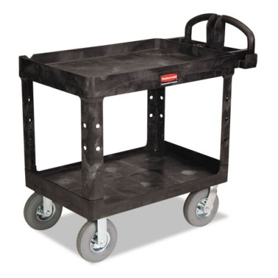 Rubbermaid Commercial Heavy-Duty Utility Cart with Lipped Shelves, Plastic, 2 Shelves, 500 lb Capacity, 25.88" x 45.25" x 37.13", Black (452010BLA)
