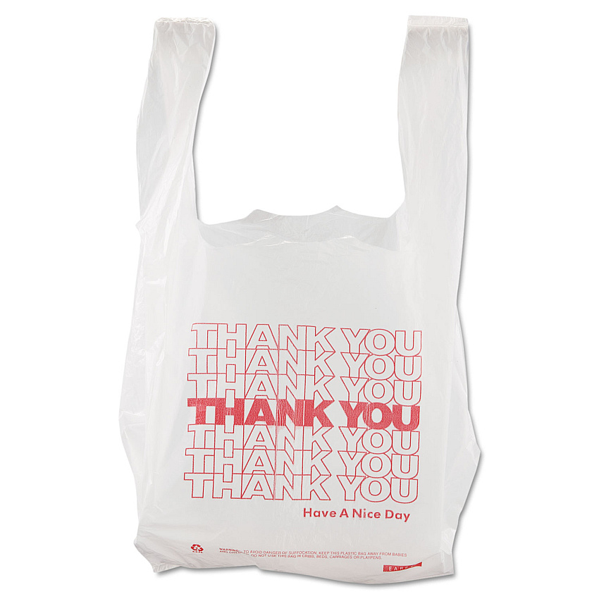 Barnes Paper Thank You High-Density Shopping Bags, Have a Nice Day Labeling, Cut-Out Handles, 8" x 4" x 16", White/Red, 2,000/Carton (BPC8416THYOU)