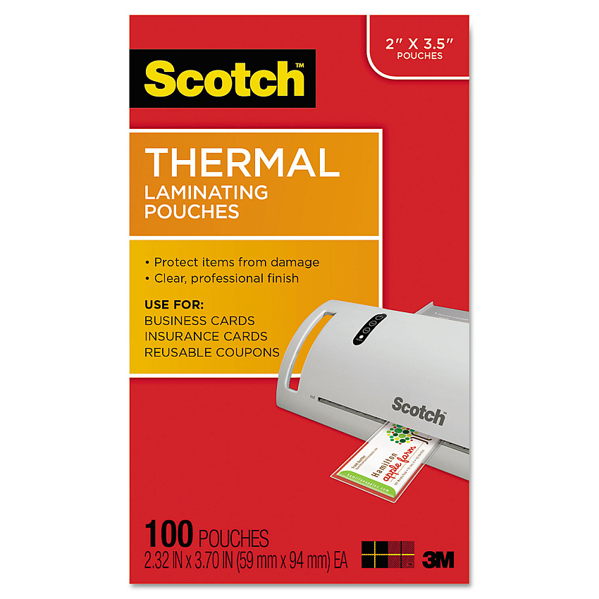 Scotch Laminating Pouches, 5 mil, 3.75" x 2.38", Gloss Clear, 100/Pack (MMMTP5851100)