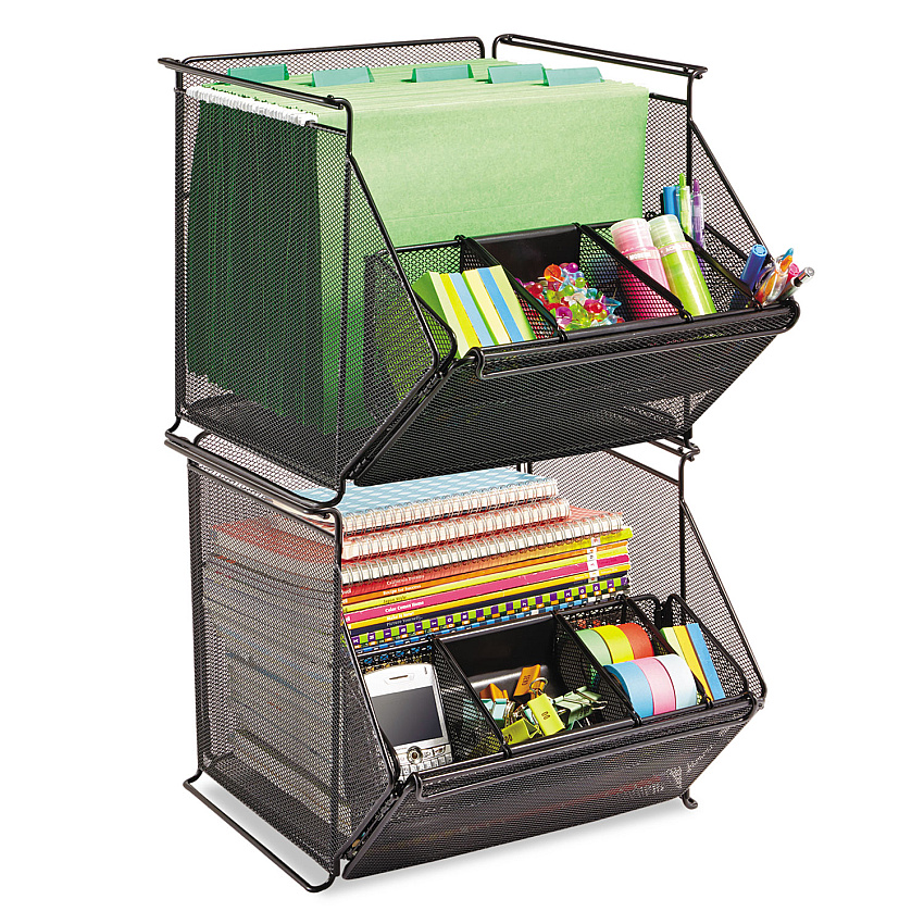 Safco Onyx Stackable Mesh Storage Bin, 4 Compartments, Steel Mesh, 14 x 15.5 x 11.75, Black (SAF2164BL)
