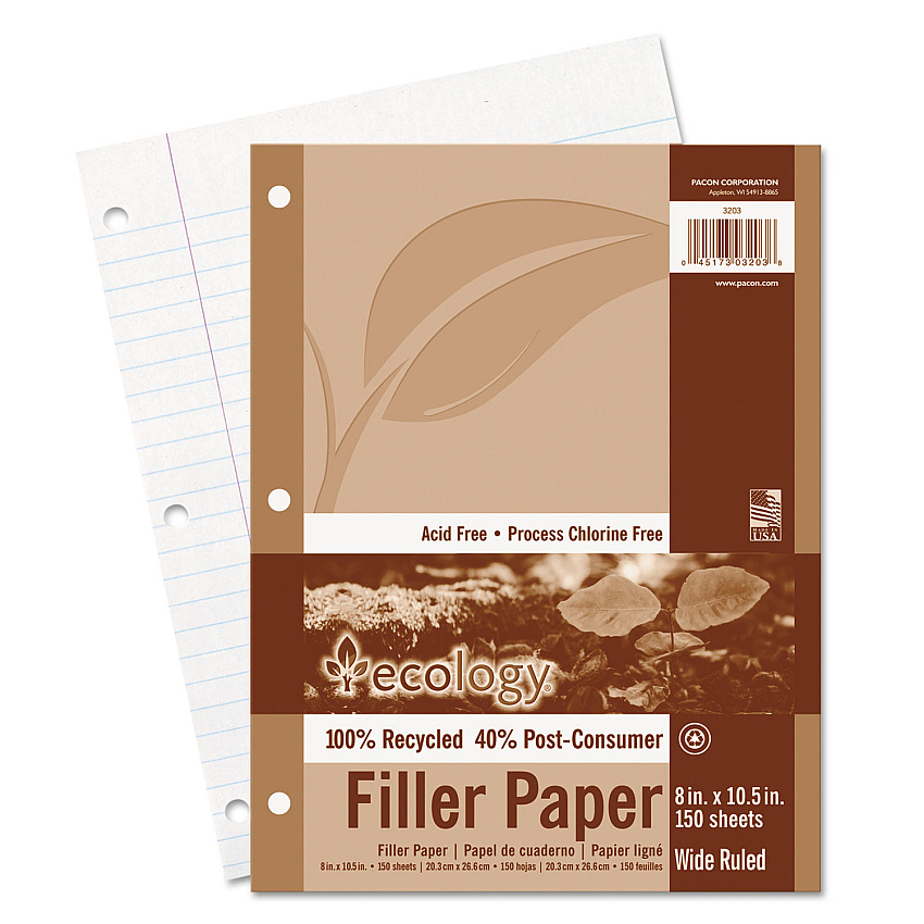 Pacon Ecology Filler Paper, 3-Hole, 8 x 10.5, Wide/Legal Rule, 150/Pack (PAC3203)