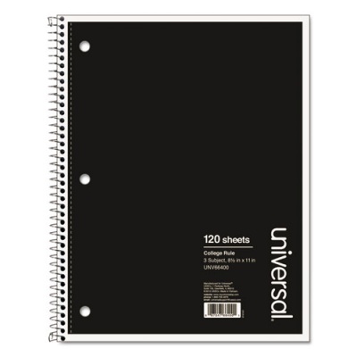Universal Wirebound Notebook, 3-Subject, Medium/College Rule, Black Cover, (120) 11 x 8.5 Sheets (66400)