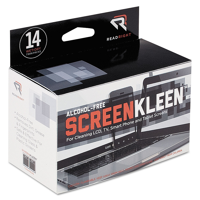Read Right ScreenKleen Alcohol-Free Wipes, Cloth, 5 x 5, Unscented, 14/Box (REARR1291)