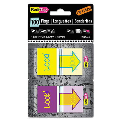 Redi-Tag Pop-Up Fab Page Flags w/Dispenser, "Look!", Purple/Yellow; Yellow/Teal, 100/Pack (RTG72039)