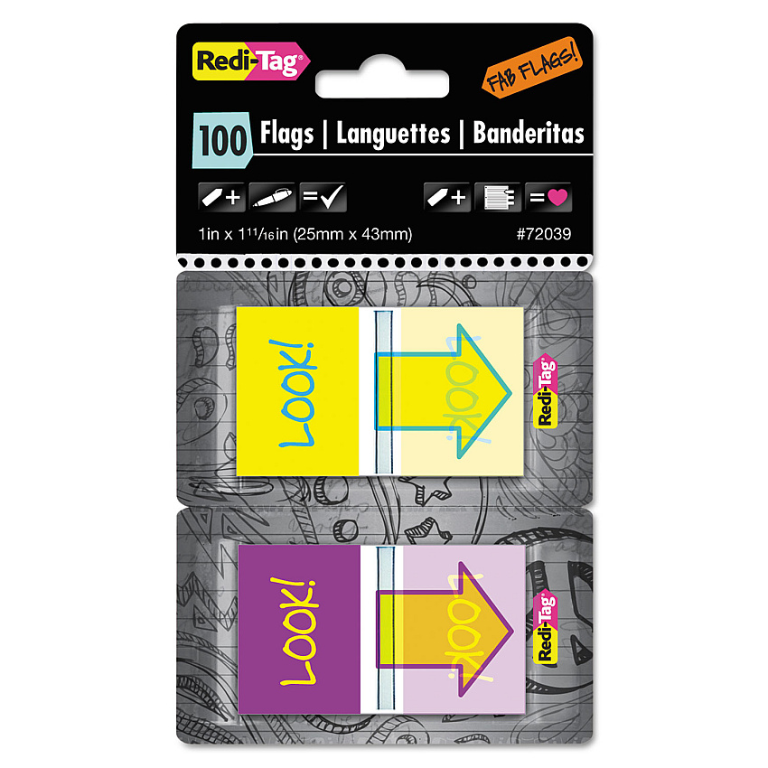 Redi-Tag Pop-Up Fab Page Flags w/Dispenser, "Look!", Purple/Yellow; Yellow/Teal, 100/Pack (RTG72039)