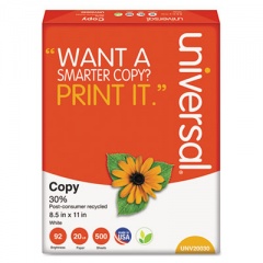 Universal 30% Recycled Copy Paper, 92 Bright, 20 lb Bond Weight, 8.5 x 11, White, 500 Sheets/Ream, 10 Reams/Carton (20030)